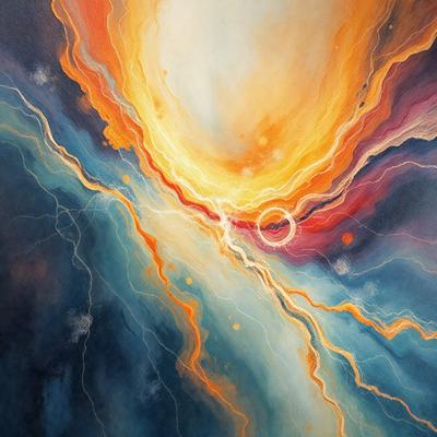 The primary subject of the image is a vibrant and colorful painting featuring a sunset. The setting is a blue background, which contrasts with the warm colors of the sunset. The visual style is a mix of digital art and illustration, creating a dynamic and engaging scene. The dominant colors are orange, blue, and yellow, which evoke a sense of warmth and tranquility. The painting captures the beauty of the sunset and its impact on the surrounding environment.
